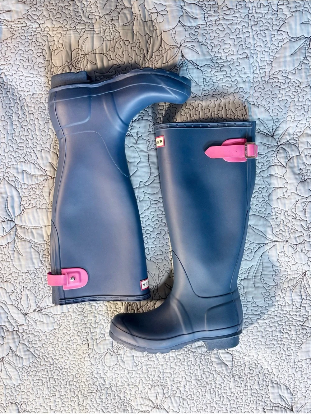 💥Hunter Original Tall Rain Boots Gray Pink Buckle Waterproof Wellies Sz 5❤️